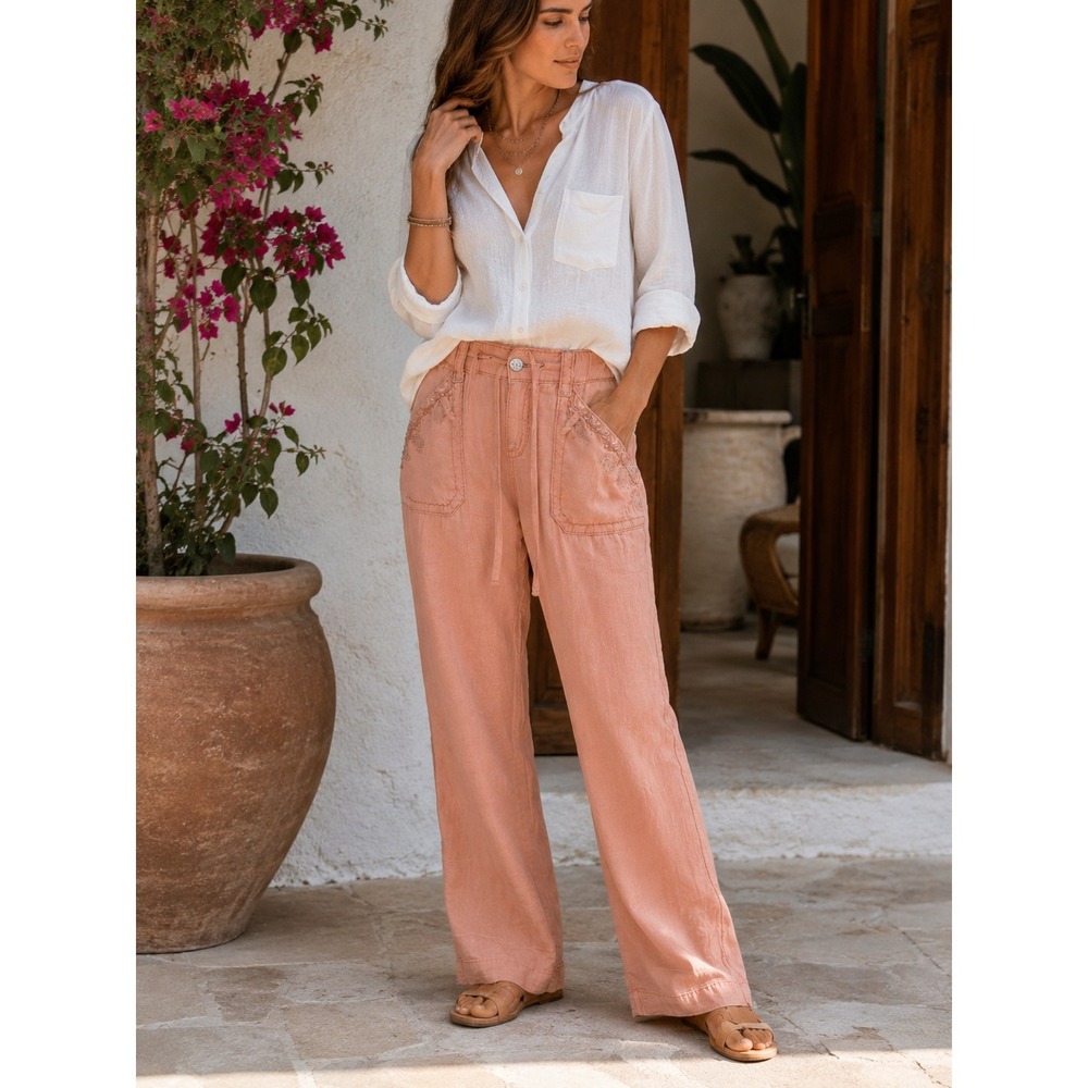 Miss Me Cargo 100% Linen Wide Leg Mid Rise Pant Coral Pink Large Lagonlook Beach - Picture 14 of 14